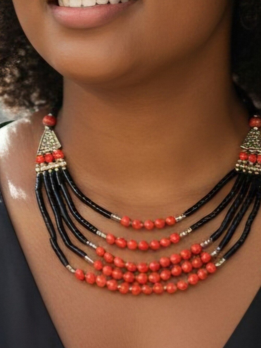 Vintage Tribal Boho Red Black Multi Strand Statement‎ Necklace